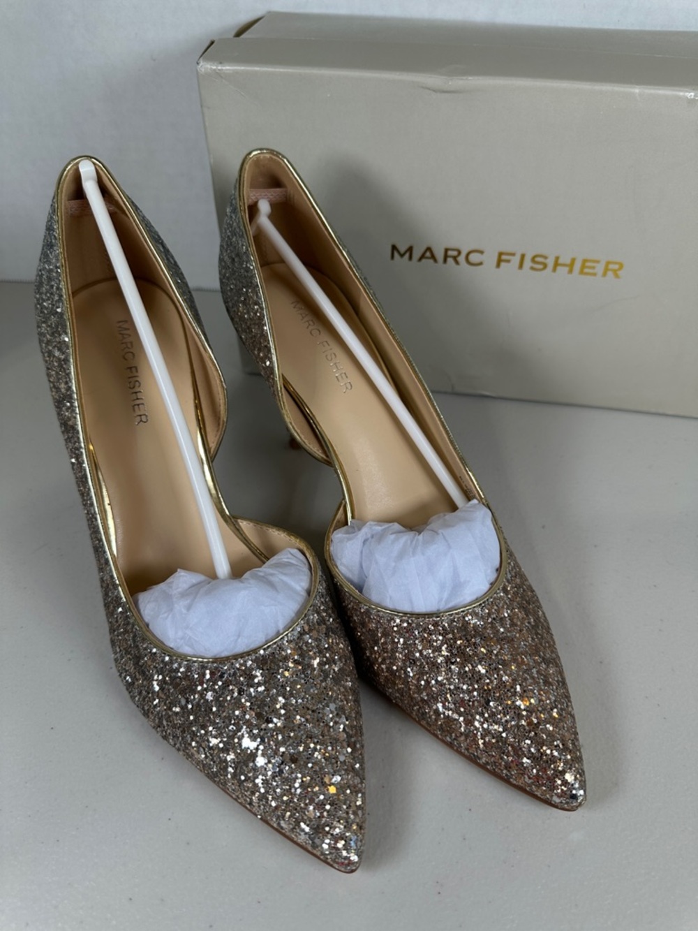 Marc Fisher Glitter Pointed-Toe Pumps in Gold and Silver